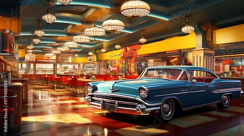 A vibrant retro diner scene featuring a classic car and colorful decor. photo