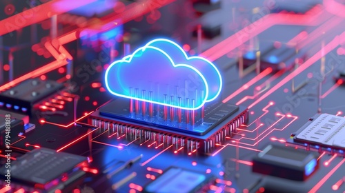 Digital cloud computing concept with vibrant circuit board design, highlighting technology innovation and data storage solutions.