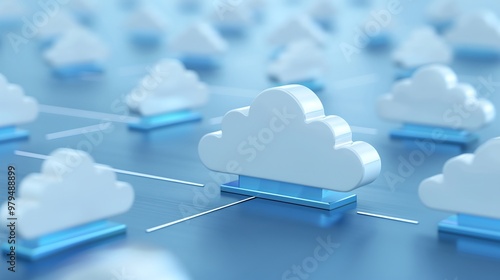 Digital cloud computing illustration with multiple 3D clouds connected by lines, representing data sharing and collaboration. photo