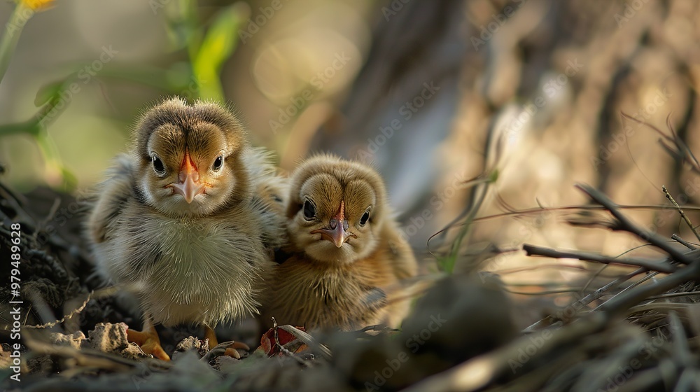 Two baby birds huddled together in a nest. Two baby birds huddled together in a nest.