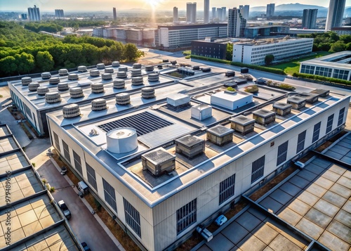 Aerial view of a large commercial building's flat roof with ventilation units, skylights, and HVAC systems, surrounded by urban cityscape. photo