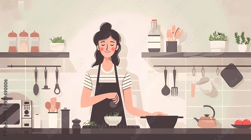 Fototapeta premium illustrations of a cooking smaile woman simple inforgraphic style, Generative AI illustrations.