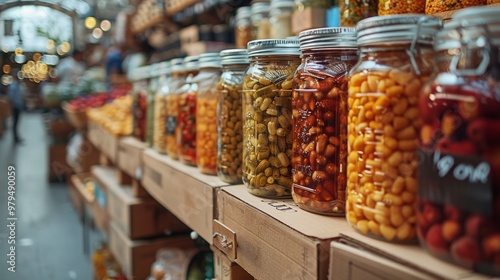 A rustic shelf displays diverse glass jars with beans, olives, fruits, nuts, and more. The local market vibe is enhanced by pickled items, driftwood color, and a blurry background.