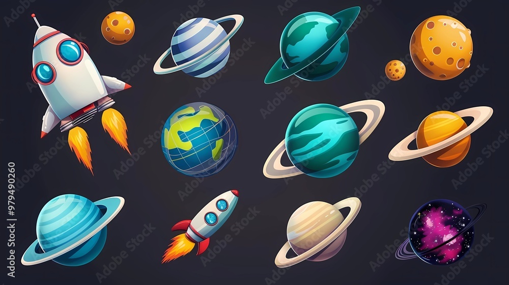 Naklejka premium illustrations of a space 3d vector icon set, astronaut, planet, satellite, rocket, ufo, comet cartoon objects, Generative AI illustrations.