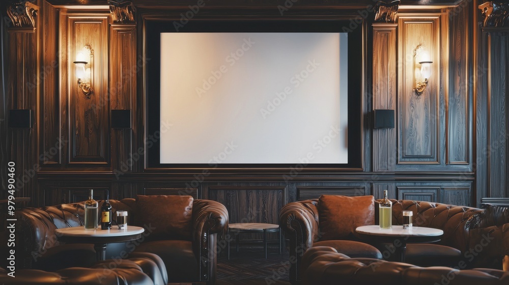 A luxurious private cinema with leather chairs and a blank screen ready for display A luxurious private cinema with leather chairs and a blank screen ready for display