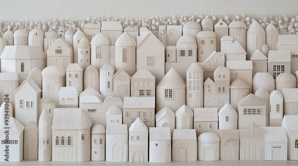 Obraz premium White wooden houses are surrounded by pumpkins and cozy blankets, creating a warm autumn atmosphere ideal for home decor and architecture ideas