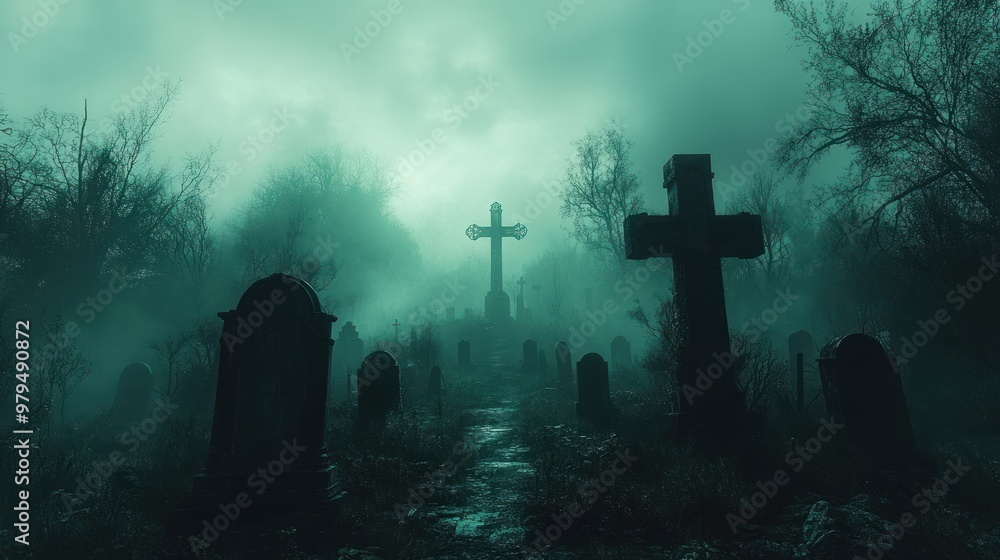 Eerie Graveyard In Fog Eerie Graveyard In Fog