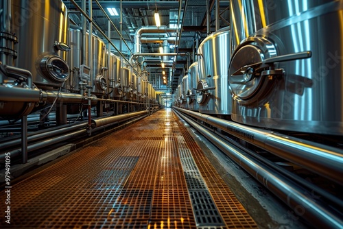 A highly detailed image showcasing the modern interior of a large-scale industrial brewery, filled with stainless steel fermentation tanks and an elaborate network of pipes