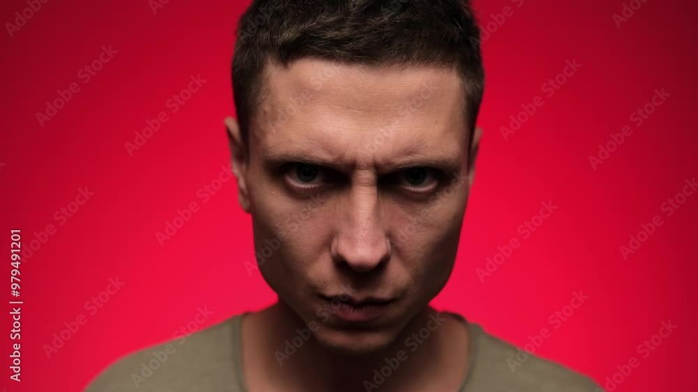 Close-up of an angry man staring intensely at the camera against a red background. Close-up of an angry man staring intensely at the camera against a red background.