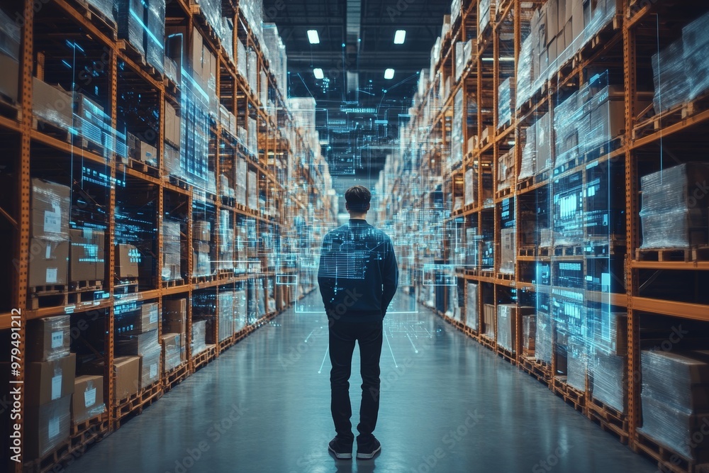 Fototapeta premium Futuristic digital warehouse augmented reality in smart logistics and modern ecommerce solutions