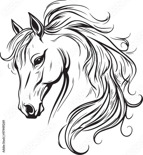Stunning black and white illustration of a horse's head with a long mane blowing in the wind, evoking wild freedom and nature's elegance. Perfect for equestrian fans or those who love horses