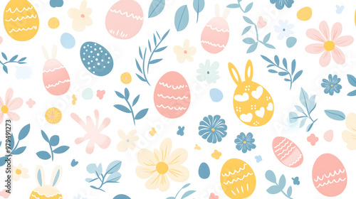 Easter 2D Vector Pattern elements Easter theme featuring repeating elements like Easter eggs bunnies flowers and baskets