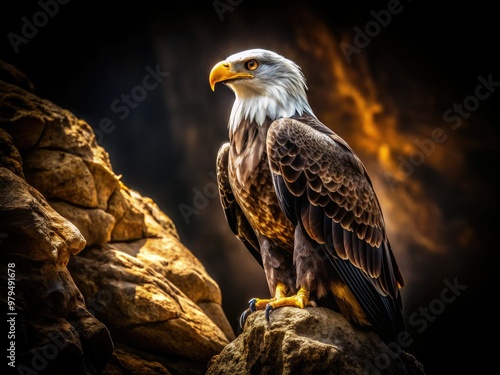 dramatic high contrast highlighting majestic eagle feathers on dark rocky cliff with bold highlights and deep shadows conveying power photo