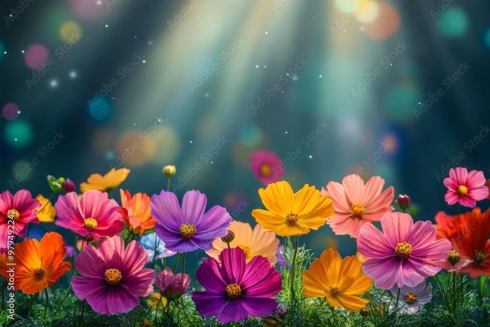 A colorful array of wildflowers in shades of pink, yellow, and purple, basking in the warm sunlight, creating a cheerful and lively spring scene. A colorful array of wildflowers in shades of pink, yellow, and purple, basking in the warm sunlight, creating a cheerful and lively spring scene.