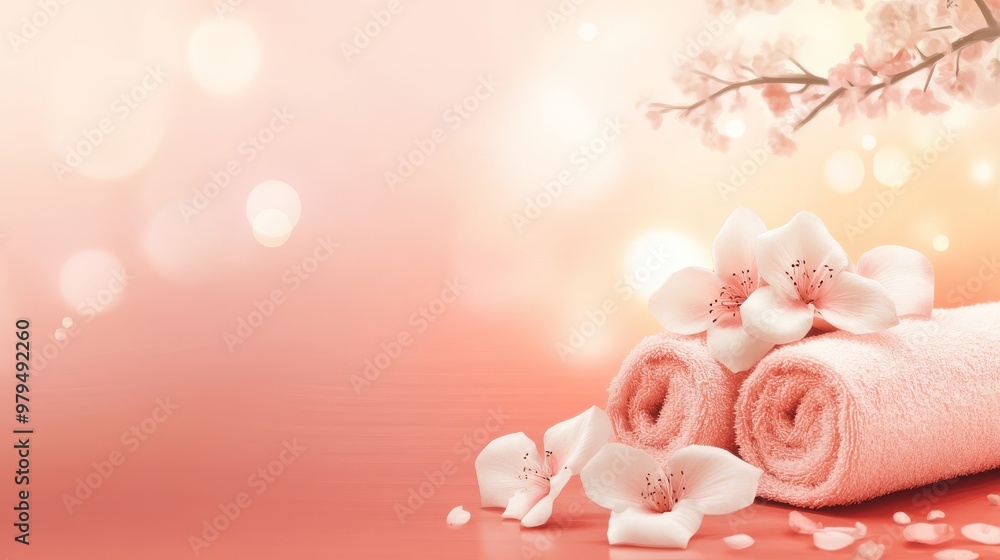 Soft pink towels adorned with flowers create a serene atmosphere for relaxation Soft pink towels adorned with flowers create a serene atmosphere for relaxation