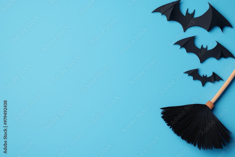 Fototapeta premium Witch broom and bat silhouette, simple scene, 3D illustration on blue background with text area