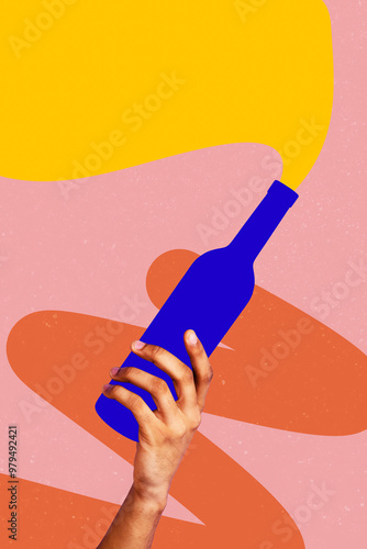 Composite trend artwork sketch image collage of carefree disco glass drink cocktail summer season vacation hand hold bottle alcohol wine photo