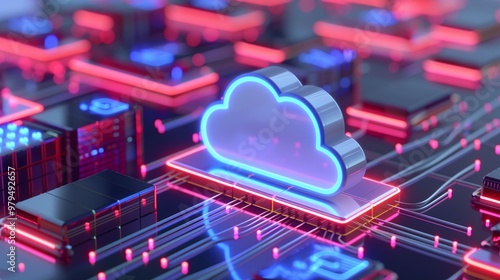 Futuristic cloud computing concept with neon colors, showcasing data storage and technology connections in a digital environment.