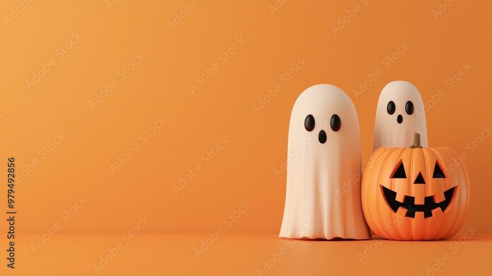 Cute ghosts and a carved pumpkin against an orange background, perfect for Halloween-themed decorations and festive designs, 3D illustration on orange background with space for text Cute ghosts and a carved pumpkin against an orange background, perfect for Halloween-themed decorations and festive designs, 3D illustration on orange background with space for text