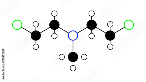 chlormethine molecule, structural chemical formula, ball-and-stick model, isolated image chemotherapeutic drugs photo