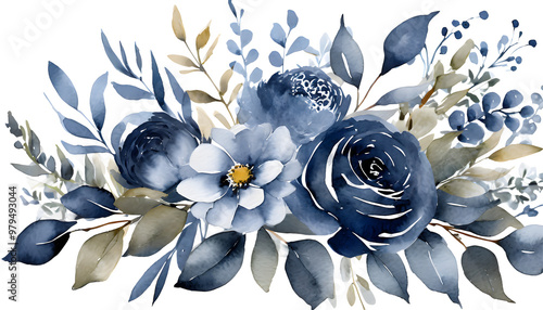 Navy blue wedding bouquet flower watercolor background isolated on white background. Generative AI.