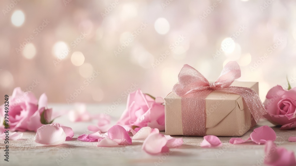 A beautifully wrapped gift surrounded by soft pink petals perfect for romance A beautifully wrapped gift surrounded by soft pink petals perfect for romance