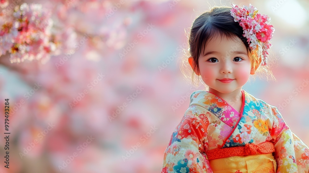 Serene Japanese Child in Colorful Kimono with Cherry Blossom Background Serene Japanese Child in Colorful Kimono with Cherry Blossom Background