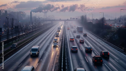 Early morning traffic on a misty highway with industrial smoke, capturing urban pollution and commuting