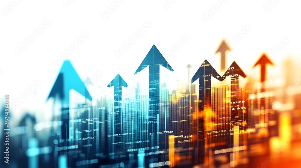 Upward Business Growth and Financial Success Concept with Skyscrapers and Arrows Upward Business Growth and Financial Success Concept with Skyscrapers and Arrows