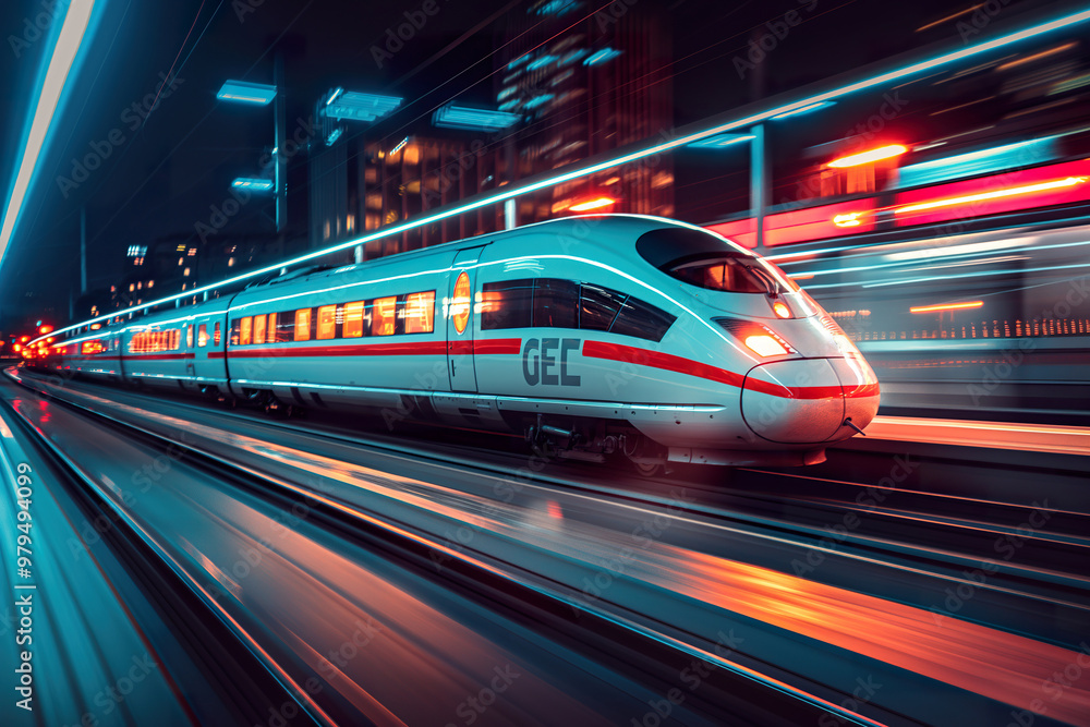 A sleek passenger train travels swiftly through a bustling urban landscape, showcasing dynamic lights and motion at night A sleek passenger train travels swiftly through a bustling urban landscape, showcasing dynamic lights and motion at night