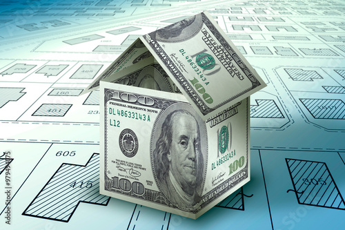 REAL ESTATE CONCEPT WITH DOLLARS SYMBOL AND HOME ICON - Building activity, construction industry and home owner association budget concept with fictiional cadastral map