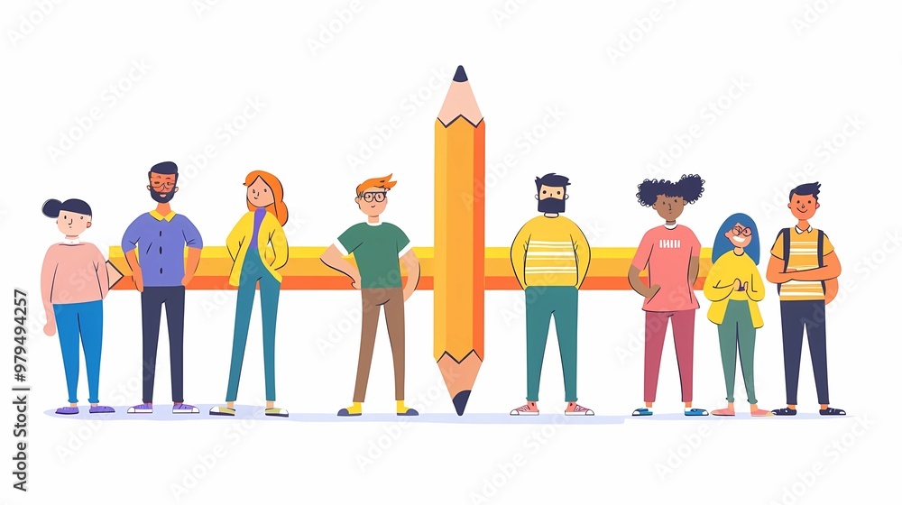 An illustration of various people with a large pencil, young person holding pencil, cute funny isolated characters, cartoon style, Generative AI illustrations.
An illustration of various people with a large pencil, young person holding pencil, cute funny isolated characters, cartoon style, Generative AI illustrations.