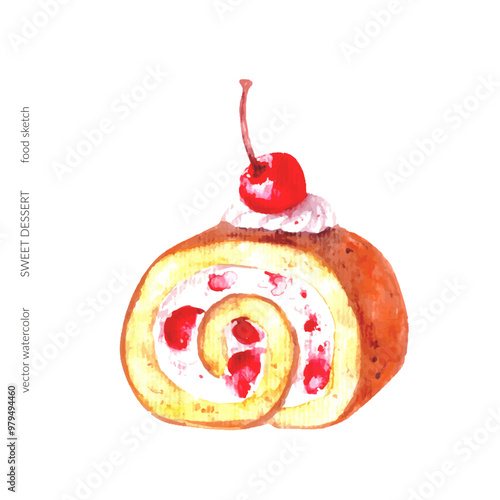 Hand drawn watercolor sweet dessert cake. Swiss roll with sponge, cream and cherries