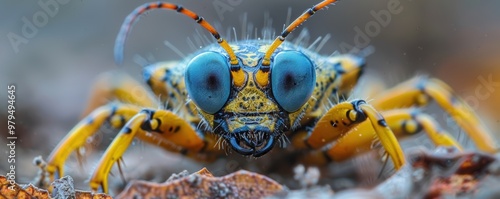 A highly detailed, close-up macro photograph of a vibrant and colorful insect showcasing intricate patterns, textures, and intense focus especially on its large blue eyes and orange antennae