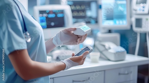 Close up a woman measuring oxygen level with modern fingertip pulse oximeter at workplace, Generative AI illustrations.  photo