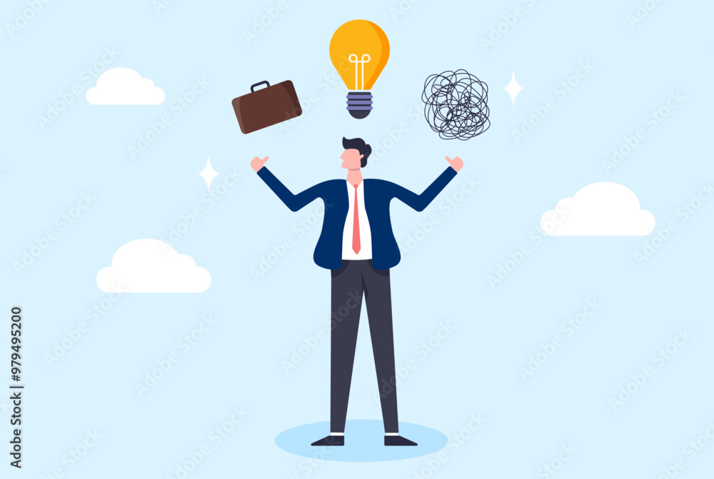 Businessman choose between job, idea, and stress. Employee achievement job target. Manager career success. Flat illustration design vector.
Businessman choose between job, idea, and stress. Employee achievement job target. Manager career success. Flat illustration design vector.