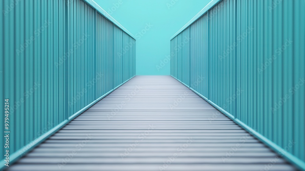 A serene pathway leads towards a turquoise horizon, framed by stylish metal railings, inviting calm and reflection. A serene pathway leads towards a turquoise horizon, framed by stylish metal railings, inviting calm and reflection.