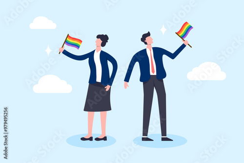 Businessman and Businesswoman hold LGBT rainbow flag. Employee manager people gender equality. Success job goal. Flat illustration design vector.