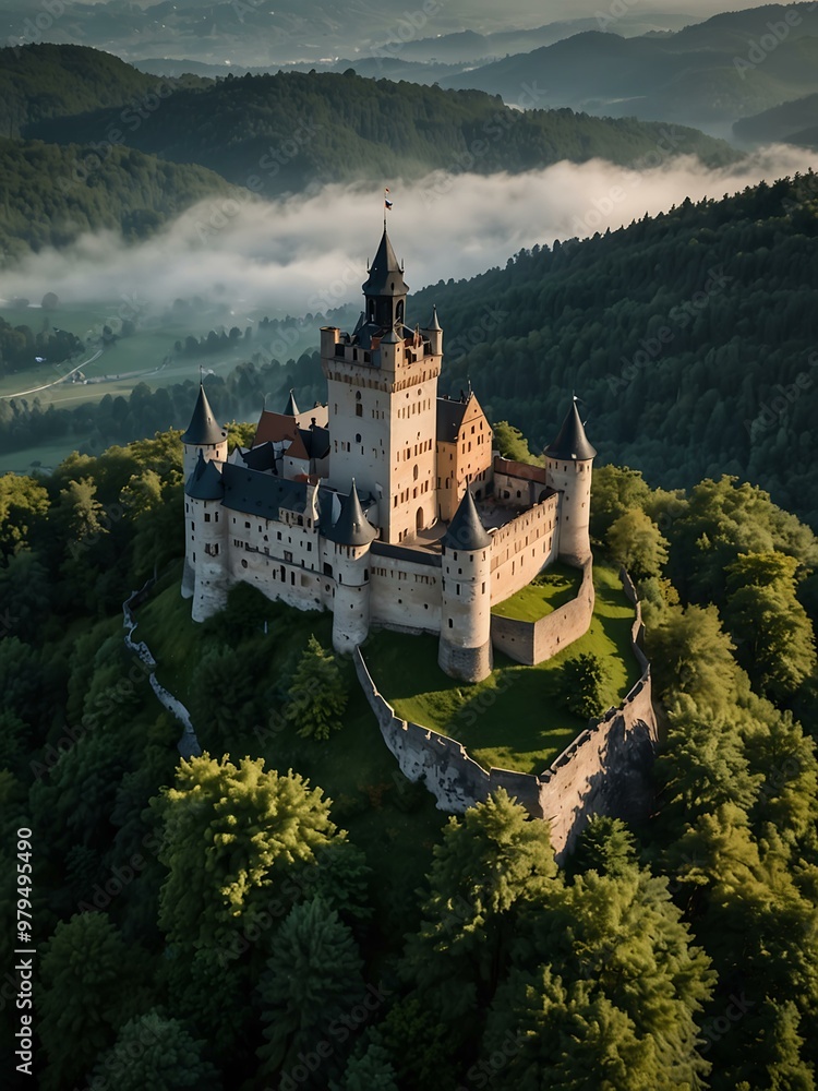 Aerial view of an old castle on a hill in Germany. Aerial view of an old castle on a hill in Germany.