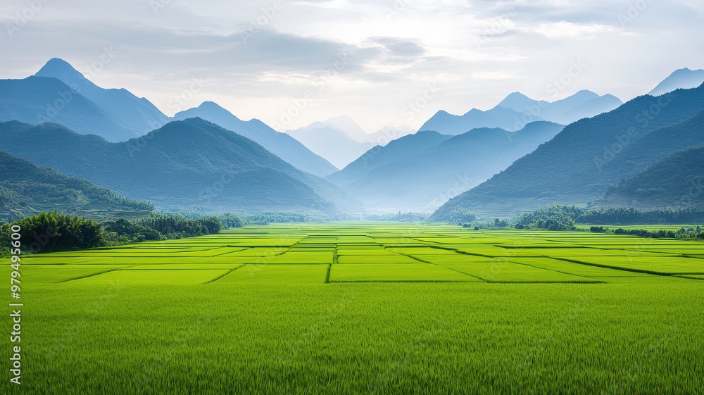 Scenic view of lush green fields surrounded by majestic mountains under a clear sky, perfect for nature and landscape photography. Scenic view of lush green fields surrounded by majestic mountains under a clear sky, perfect for nature and landscape photography.