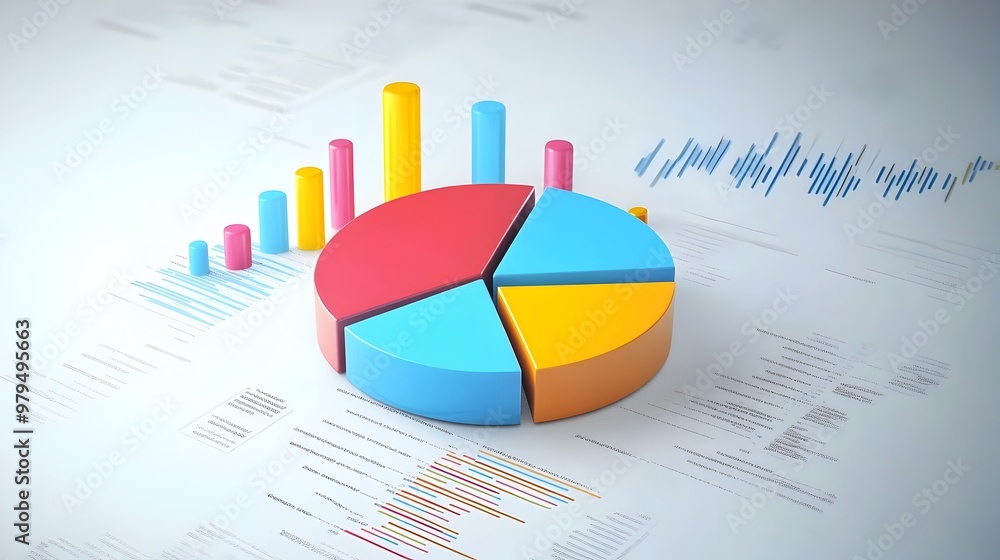 Colorful Data Visualization Infographic with Pie and Bar Charts on Financial Trends and Business Colorful Data Visualization Infographic with Pie and Bar Charts on Financial Trends and Business