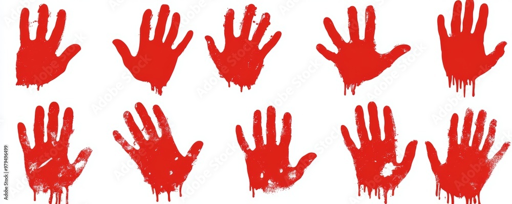 Scary elements with stain, splatter, and streams isolated on white. Horror and dirty red palms for halloween decorating. Scary elements with stain, splatter, and streams isolated on white. Horror and dirty red palms for halloween decorating.