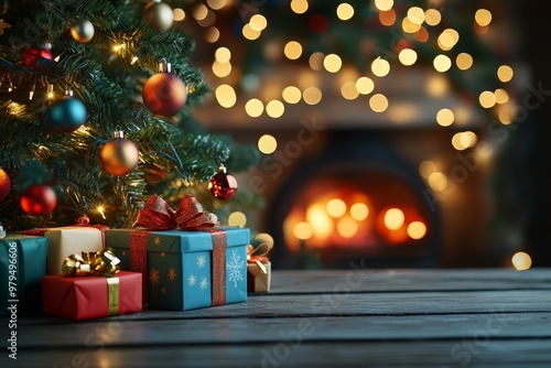 Festive christmas tree decorated with colorful ornaments and gifts by a cozy fireplace scene photo