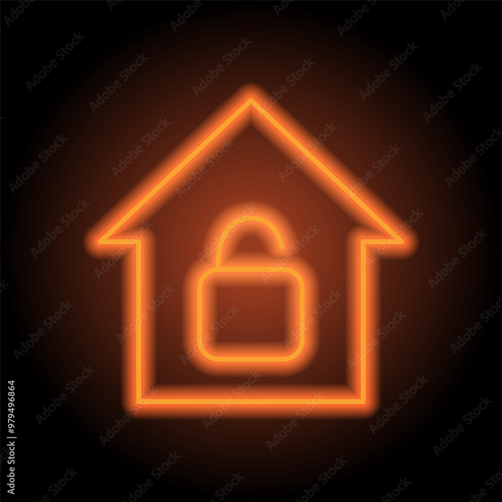 Lock, house simple icon vector. Flat design. Orange neon on black background Lock, house simple icon vector. Flat design. Orange neon on black background