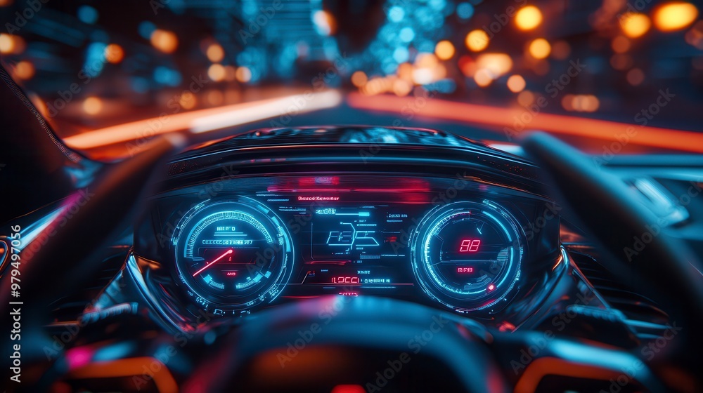 Modern car dashboard showing speed and battery level Modern car dashboard showing speed and battery level