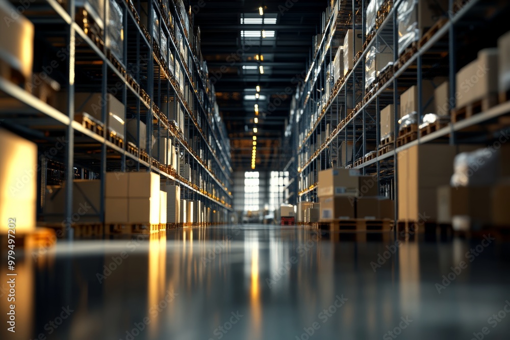 Cinematic 3d visualization of a spacious warehouse with rows of shelves and motion blur effects Cinematic 3d visualization of a spacious warehouse with rows of shelves and motion blur effects