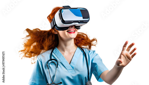 Nurse wearing VR virtual reality headset Splash on a white isolated background. Generative AI.