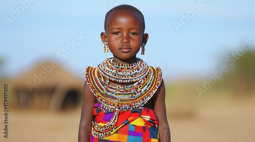 Authentic Kenyan Child in Traditional Maasai Attire Standing in Savannah Tribal Village Scene