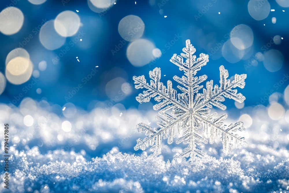 Elegant blue background with a large crystal clear snowflake and frosty atmosphere in focus Elegant blue background with a large crystal clear snowflake and frosty atmosphere in focus