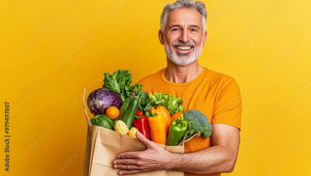An attractive old mature senior man with gray beard holds a grocery bag full of organic vegetables in a yellow background An attractive old mature senior man with gray beard holds a grocery bag full of organic vegetables in a yellow background